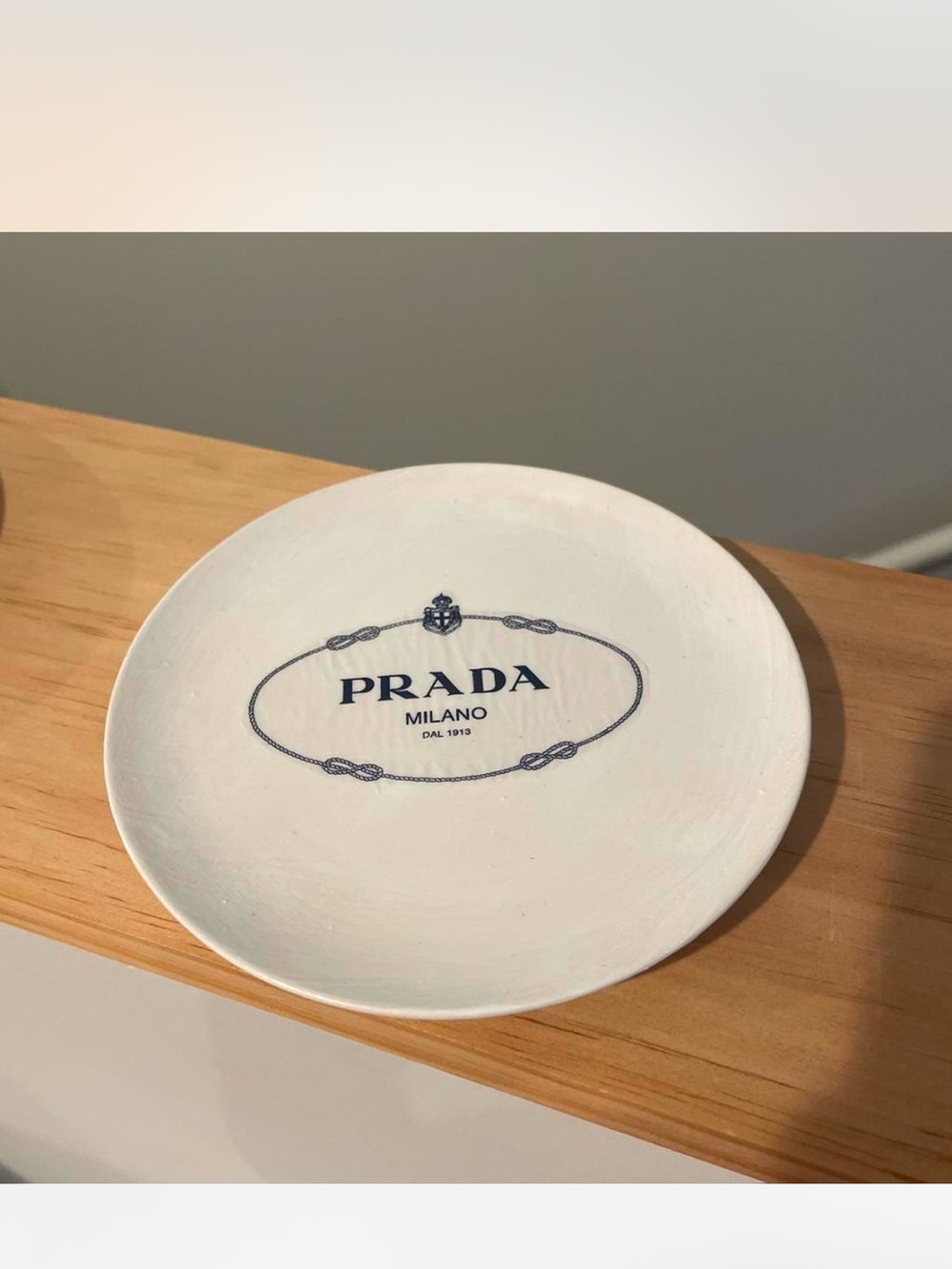 Prada White Ceramic Logo Trinket Plate with Navy Print